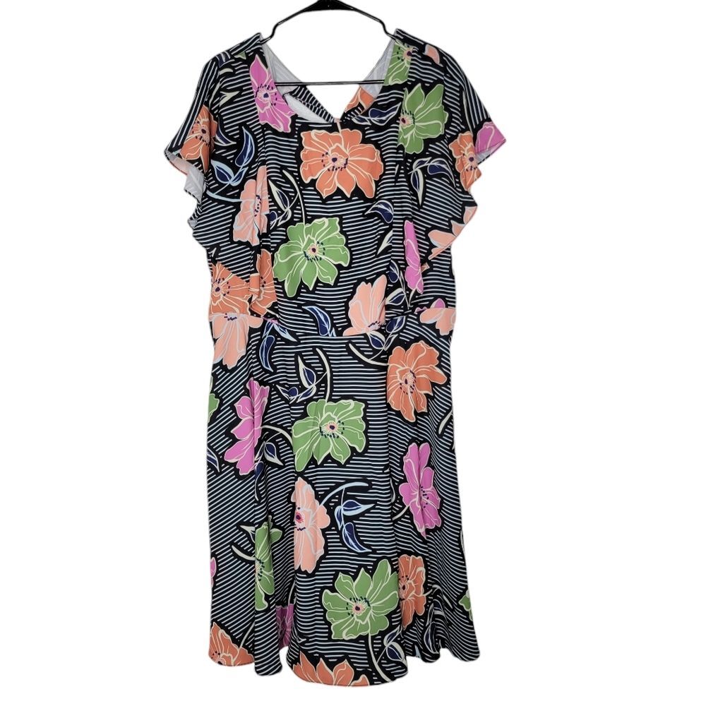 Eloquii Size 16 Striped Colorful Floral Print Short Flutter Sleeve A-Line Dress